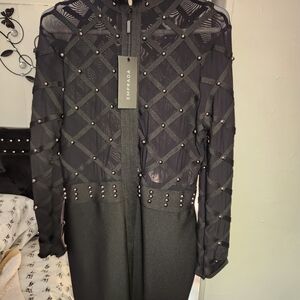 Emprada Black Long-Sleeve Beaded Maxi Dress